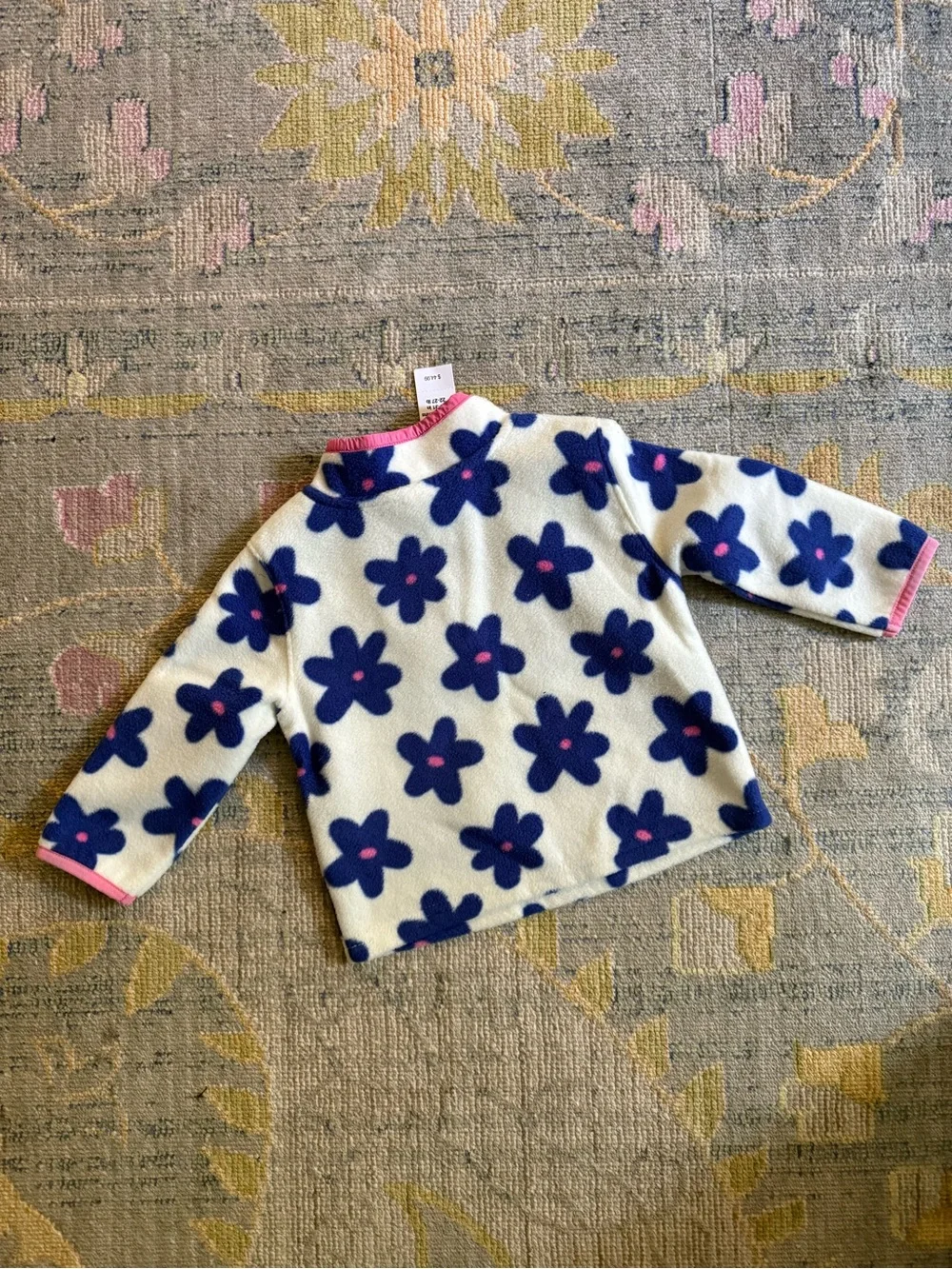 Girls White Fleece Pullover Jacket with Blue Flower Print and Pink Trim